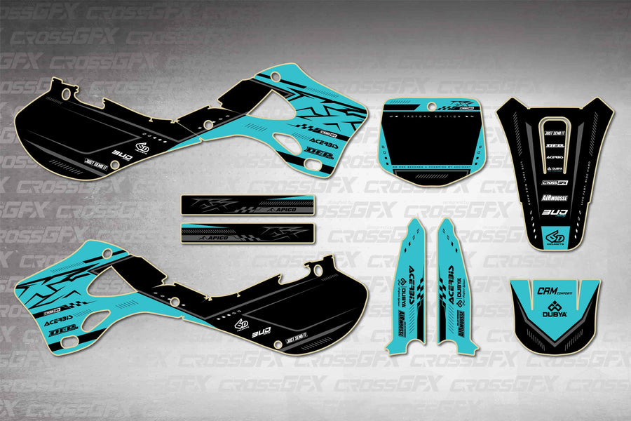 Graphics for Kawasaki KX 125 1999-2002 - Flux Teal - flat layout showing all decal pieces included