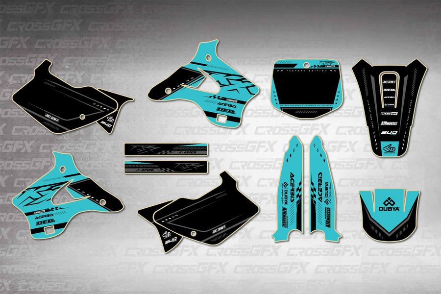 Graphics for Kawasaki KX 250 1996-1998 - Flux Teal - flat layout showing all decal pieces included