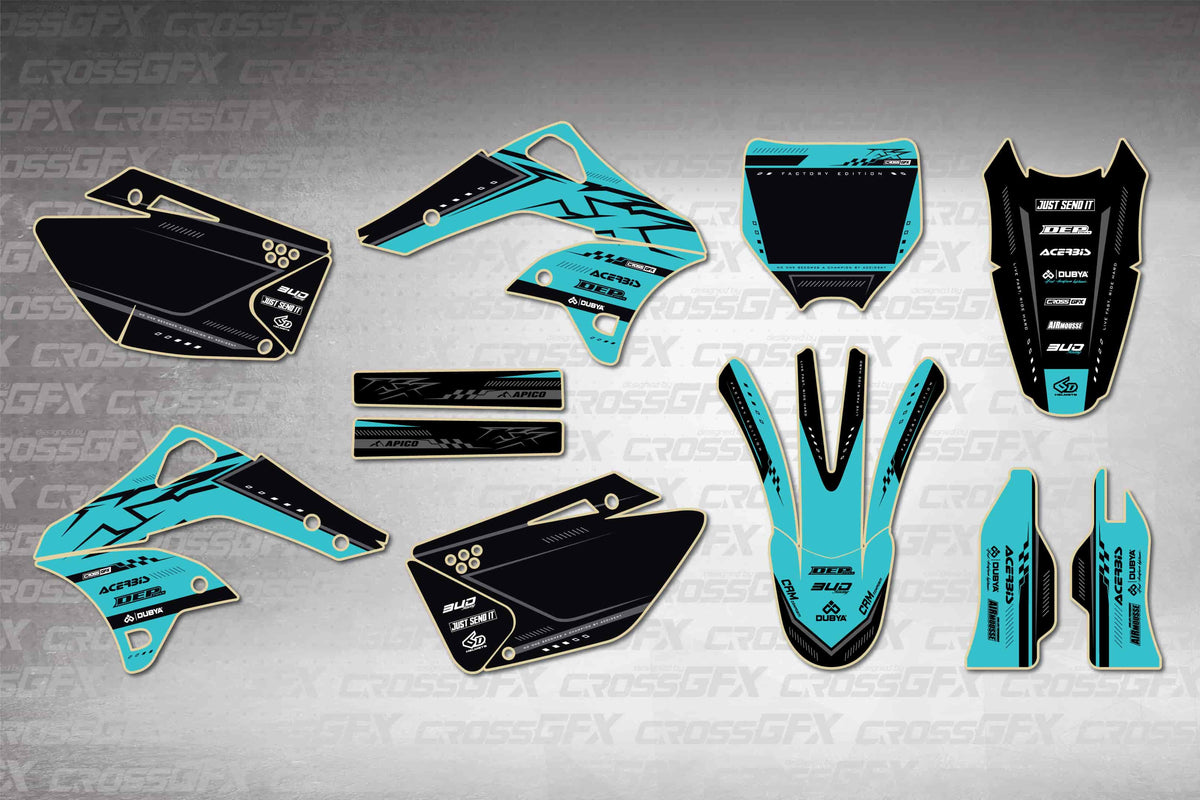 Graphics for Kawasaki KX 250F 2006-2008 - Flux Teal - flat layout showing all decal pieces included