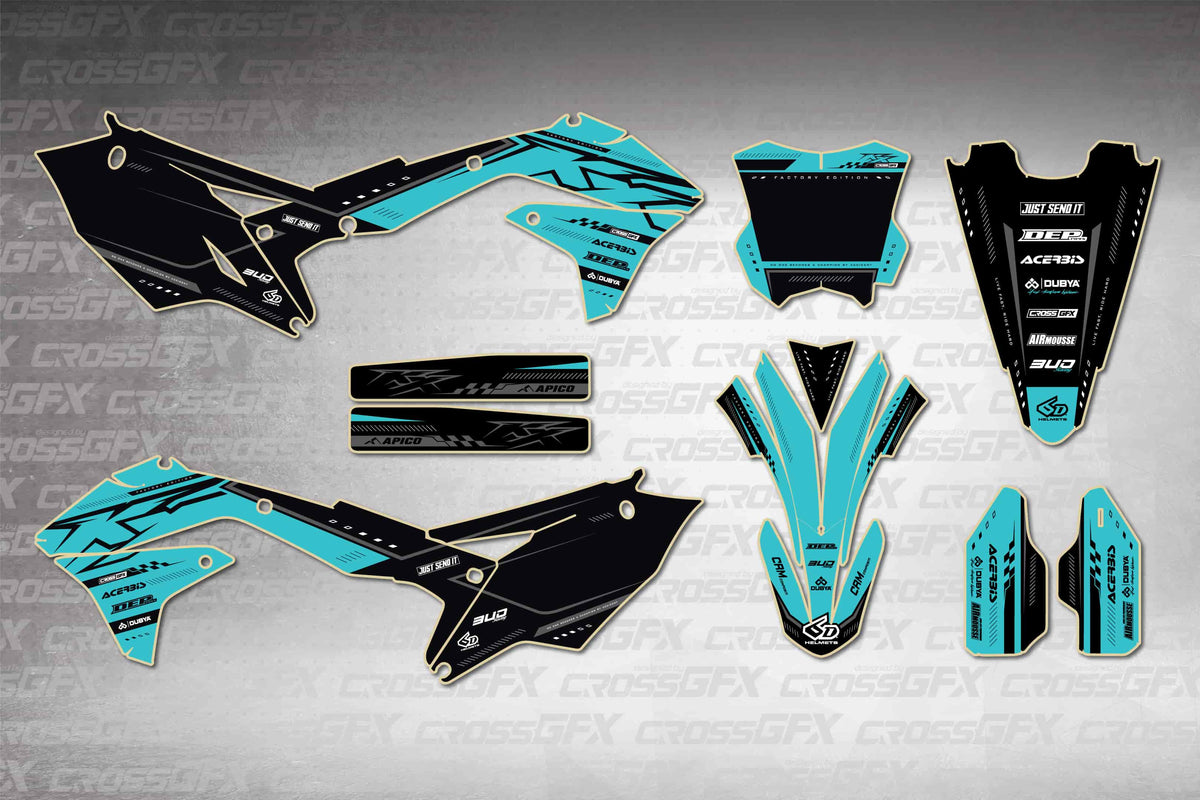 Graphics for Kawasaki KX 450F 2016-2018 - Flux Teal - flat layout showing all decal pieces included