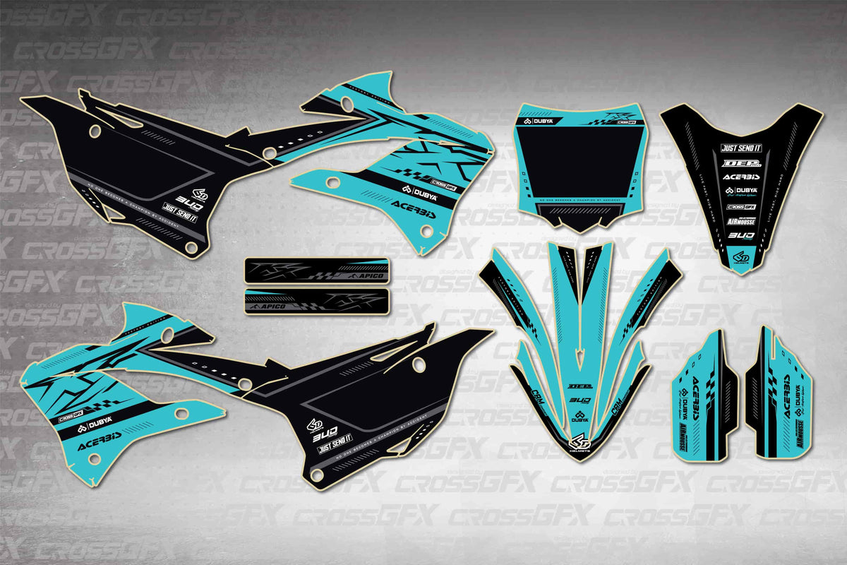 Graphics for Kawasaki KX 85 2022-2025 - Flux Teal - flat layout showing all decal pieces included