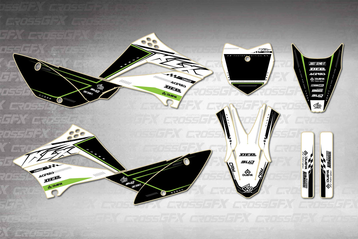 Graphics for Kawasaki KLX 110 2010-2026 - Flux White - flat layout showing all decal pieces included