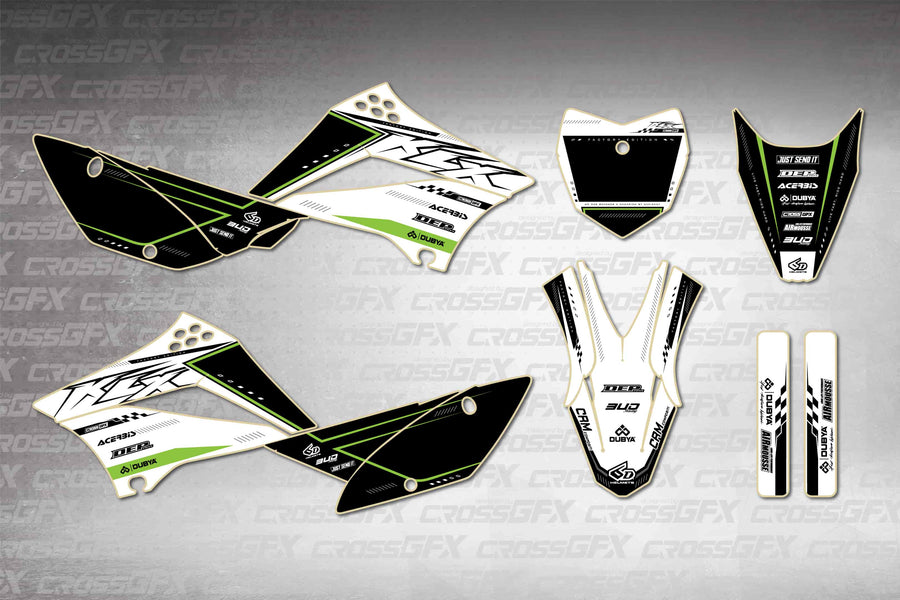 Graphics for Kawasaki KLX 110 2010-2026 - Flux White - flat layout showing all decal pieces included
