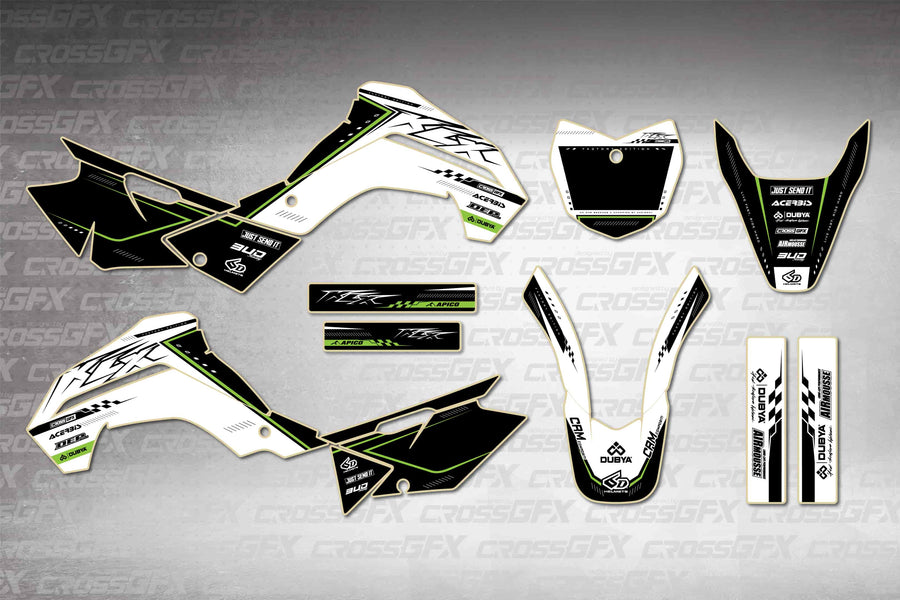 Graphics for Kawasaki KLX 140 2019-2022 - Flux White - flat layout showing all decal pieces included