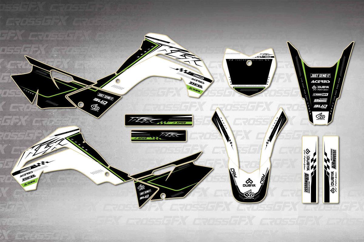 Graphics for Kawasaki KLX 140RF 2021-2025 - Flux White - flat layout showing all decal pieces included