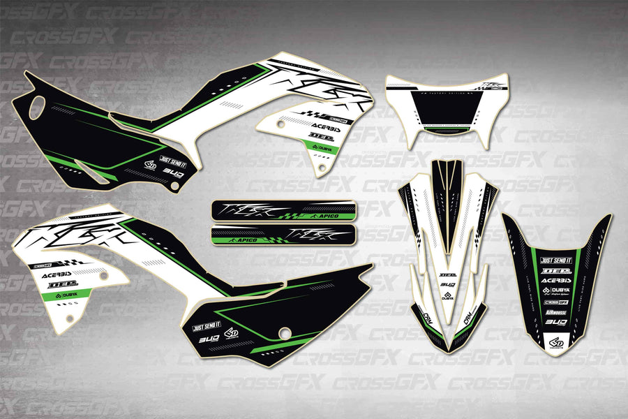 Graphics for Kawasaki KLX 230 2020-2023 - Flux White - flat layout showing all decal pieces included