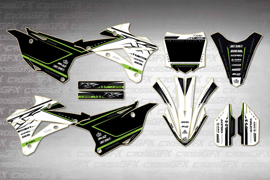 Graphics for Kawasaki KX 100 2014-2021 - Flux White - flat layout showing all decal pieces included