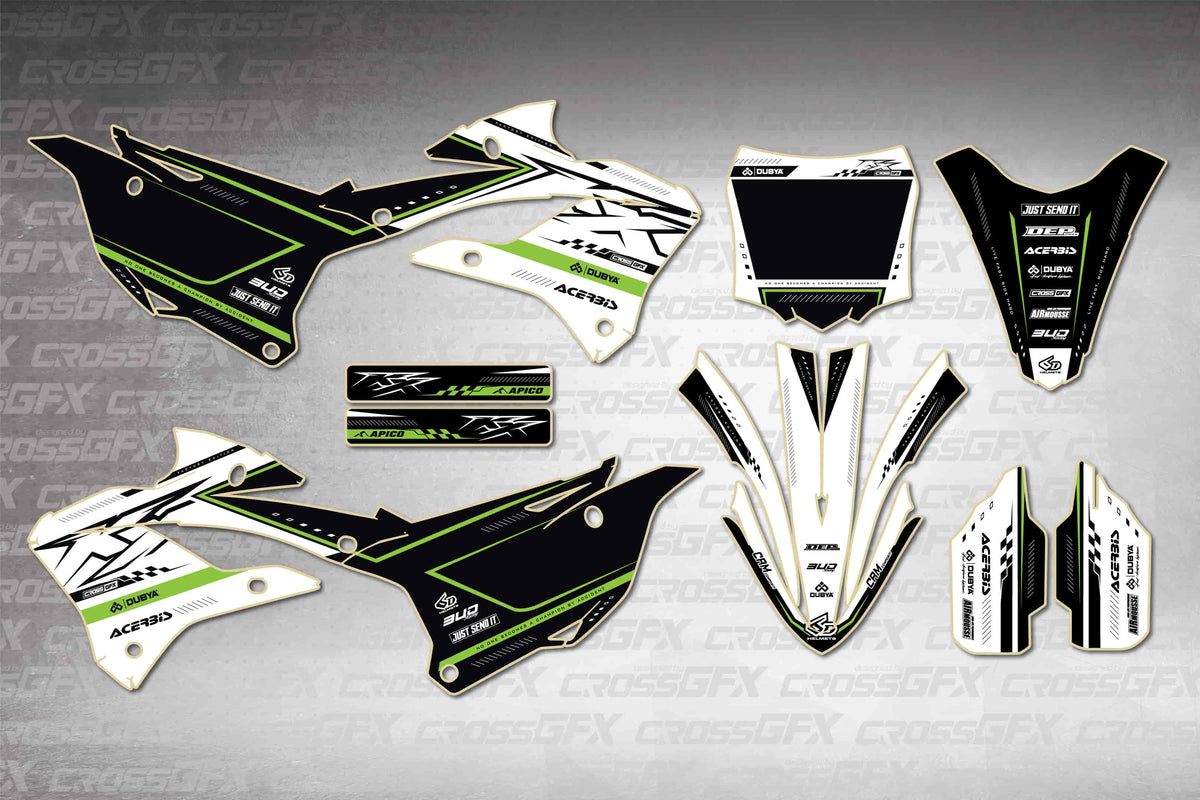 Graphics for Kawasaki KX 112 2022-2025 - Flux White - flat layout showing all decal pieces included