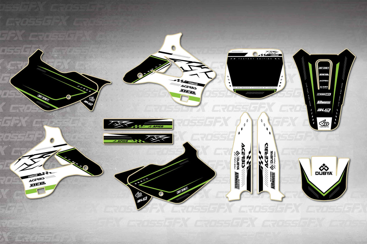 Graphics for Kawasaki KX 125 1996-1998 - Flux White - flat layout showing all decal pieces included