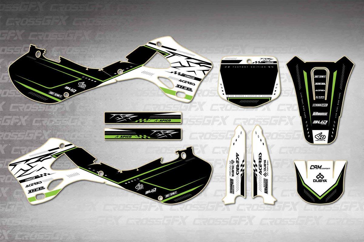 Graphics for Kawasaki KX 250 1999-2002 - Flux White - flat layout showing all decal pieces included