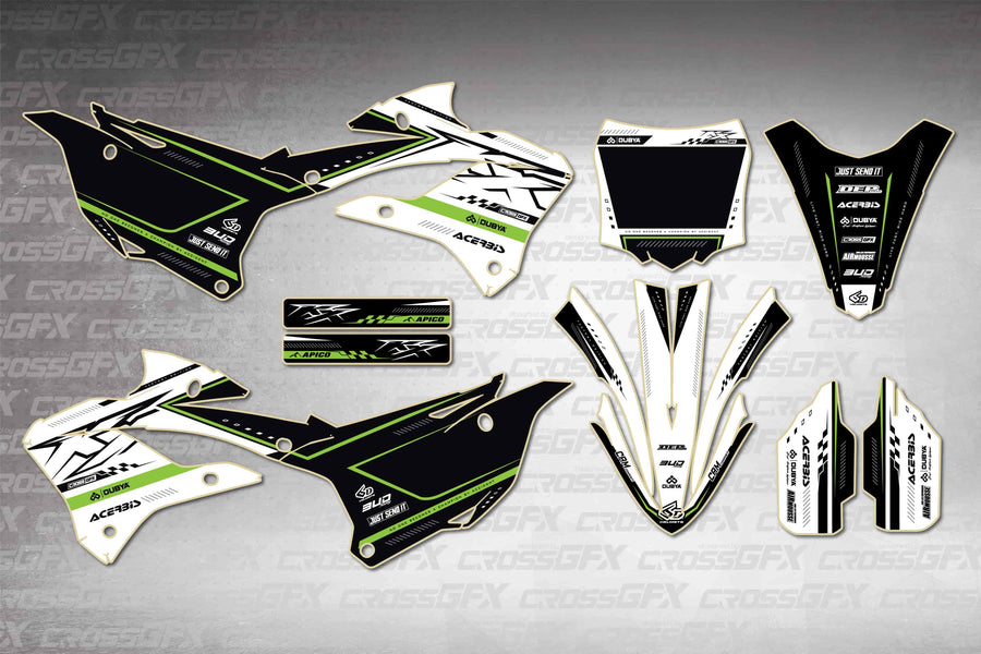 Graphics for Kawasaki KX 85 2022-2025 - Flux White - flat layout showing all decal pieces included