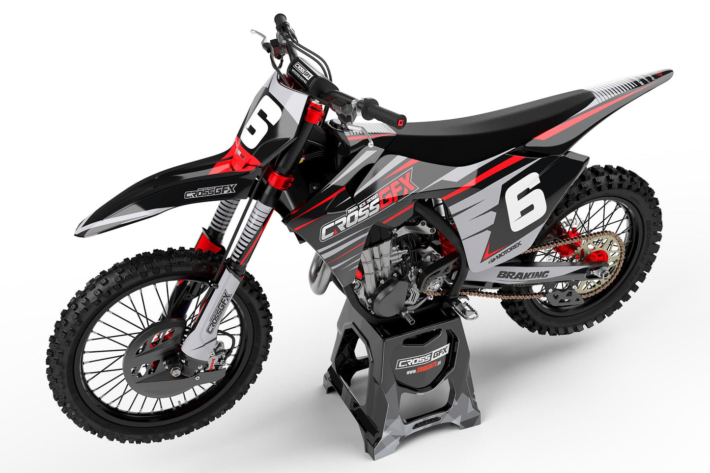 Side view of the Apex Black racing graphics kit on a GasGas dirt bike.