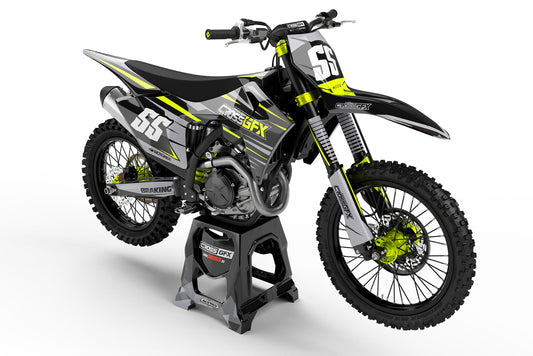 Front view of the Apex Fluorescent motocross graphics kit on a GasGas dirt bike.