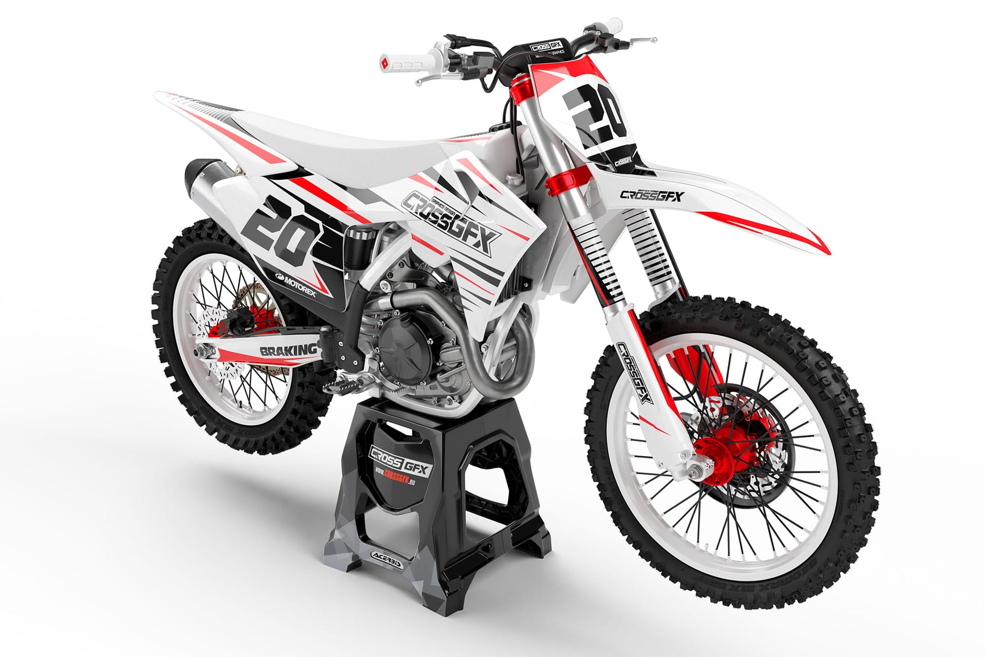 Front view of the Apex White motocross graphics kit on a GasGas dirt bike.