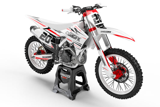 Front view of the Apex White motocross graphics kit on a GasGas dirt bike.