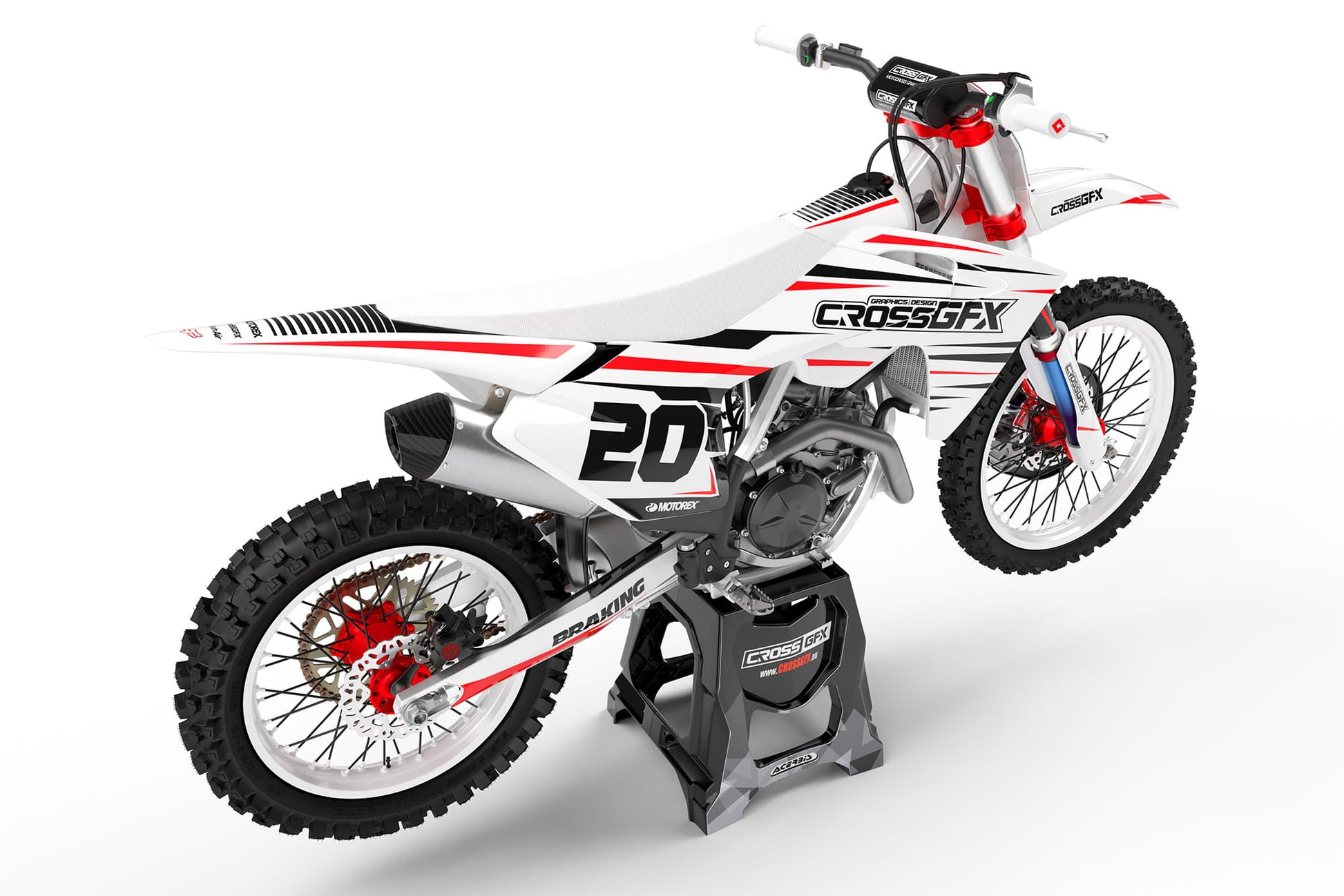 Rear view of the Apex White racing graphics kit on a GasGas dirt bike.