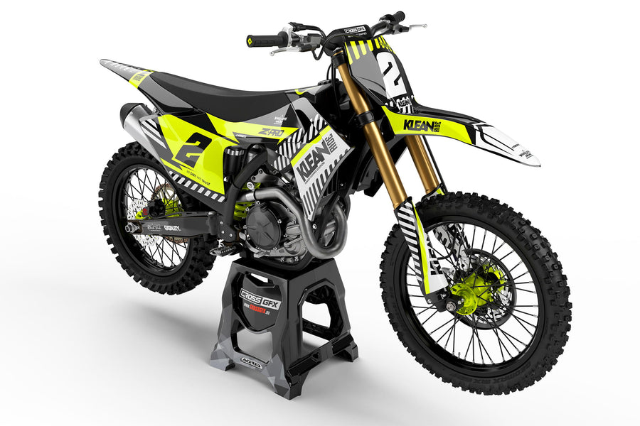 Front view of the Clean Fluorescent motocross graphics kit on a GasGas dirt bike.