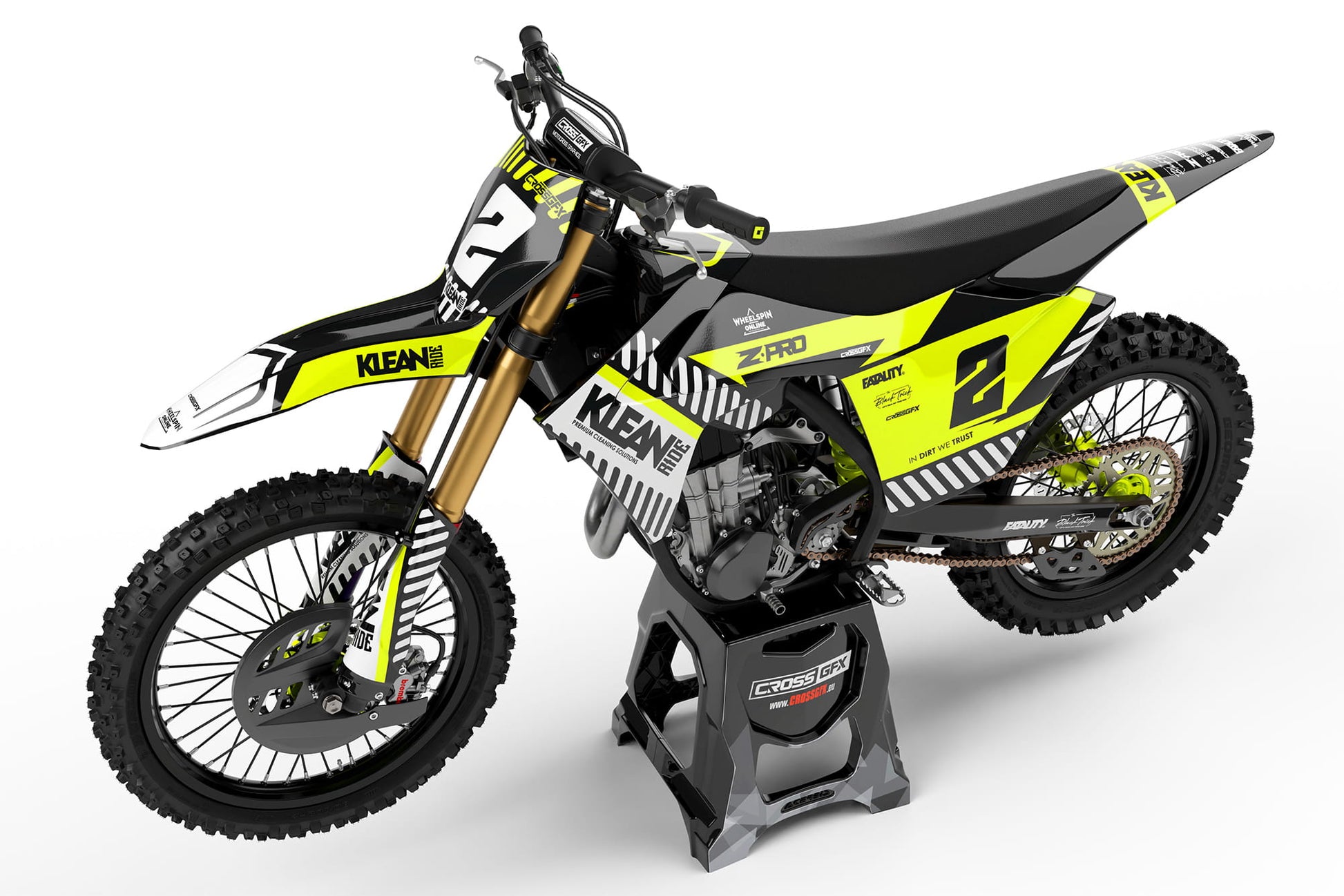 Side view of the Clean Fluorescent racing graphics kit on a GasGas dirt bike.