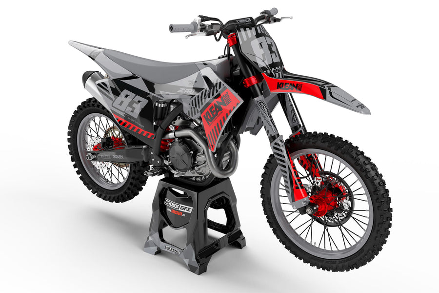 Front view of the Clean Grey motocross graphics kit on a GasGas dirt bike.