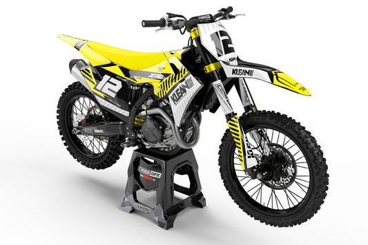 Front view of the Clean Yellow motocross graphics kit on a GasGas dirt bike.