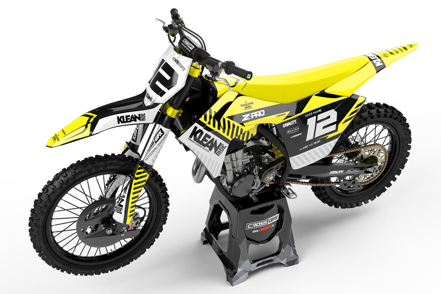 Side view of the Clean Yellow racing graphics kit on a GasGas dirt bike.