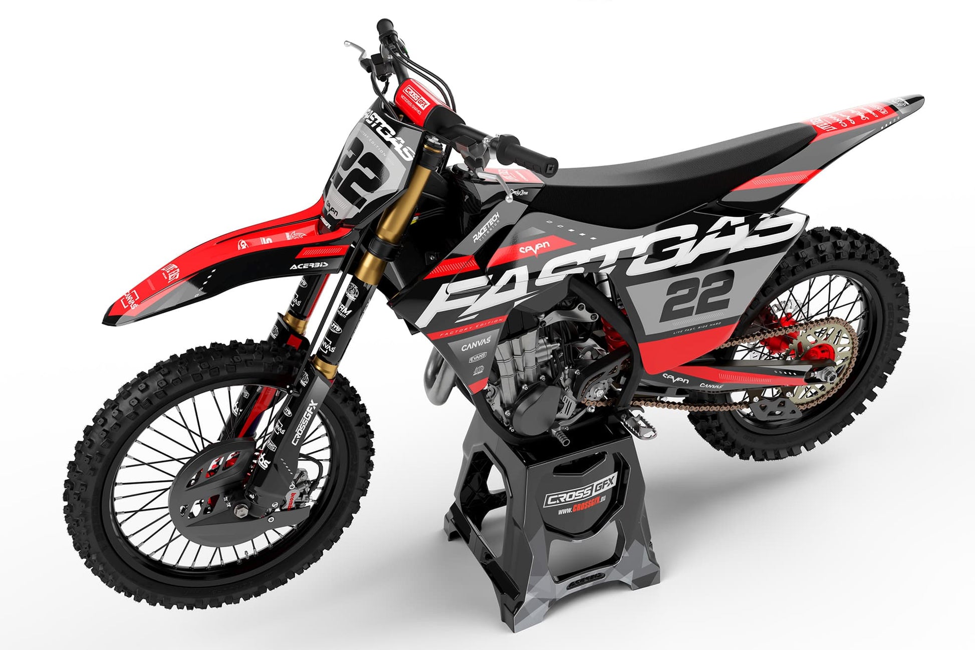 Left side view of the Pulse Black racing graphics kit on a GasGas dirt bike.