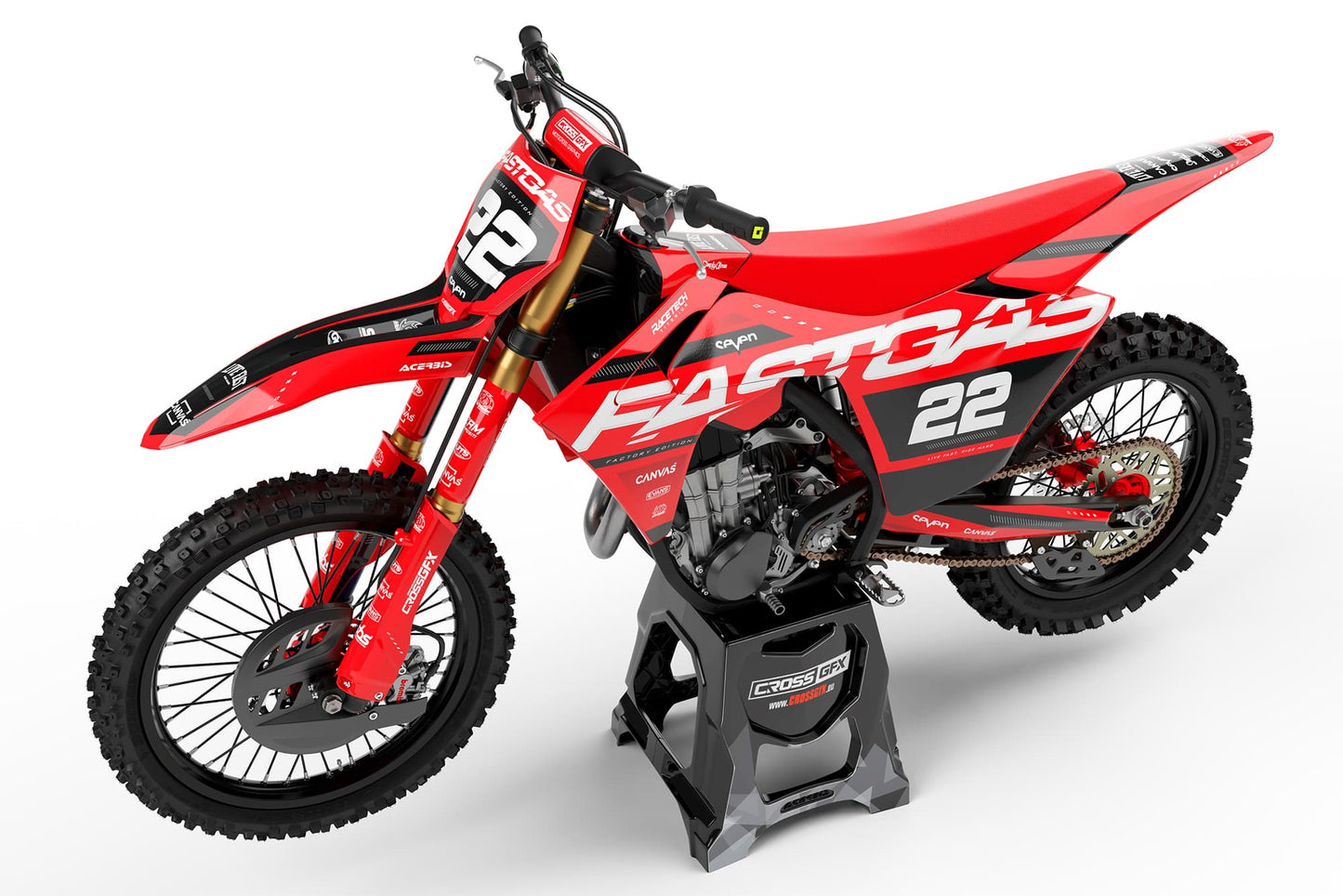 Left side view of the Pulse Red racing graphics kit on a GasGas dirt bike.