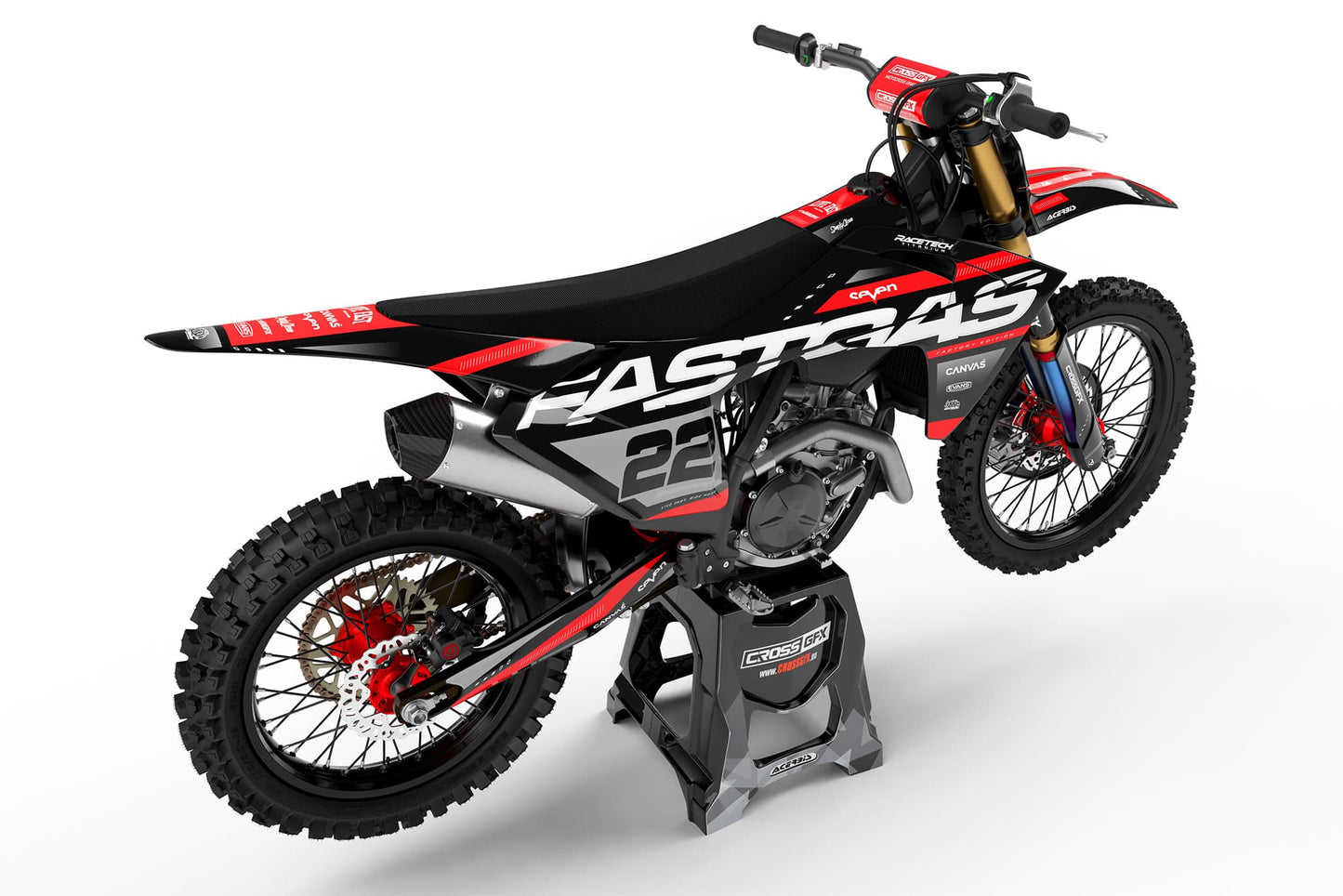 Rear view of the Pulse Black custom decal kit on a GasGas motorcycle.