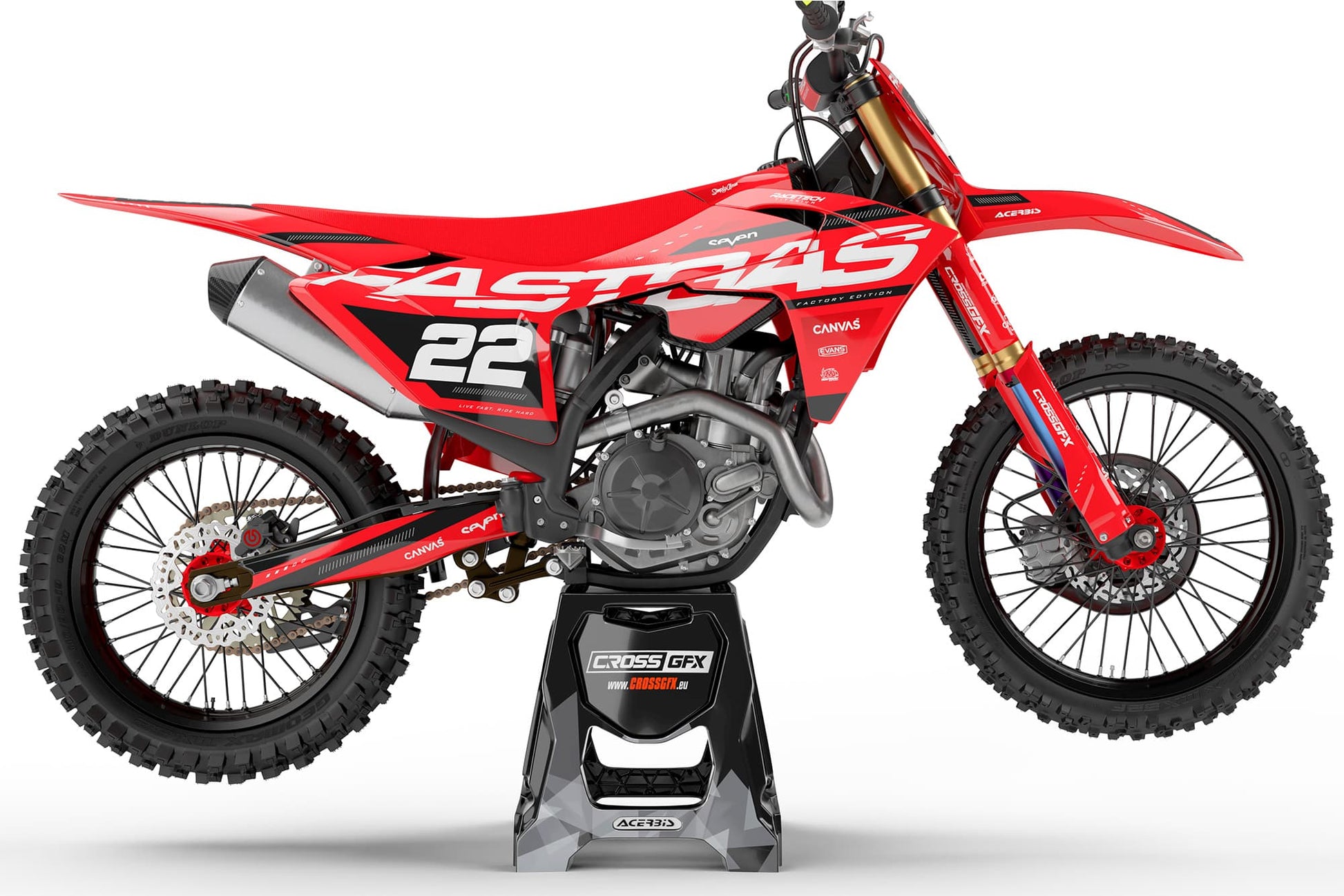 Right side view of the Pulse Red off-road decal kit on a GasGas.