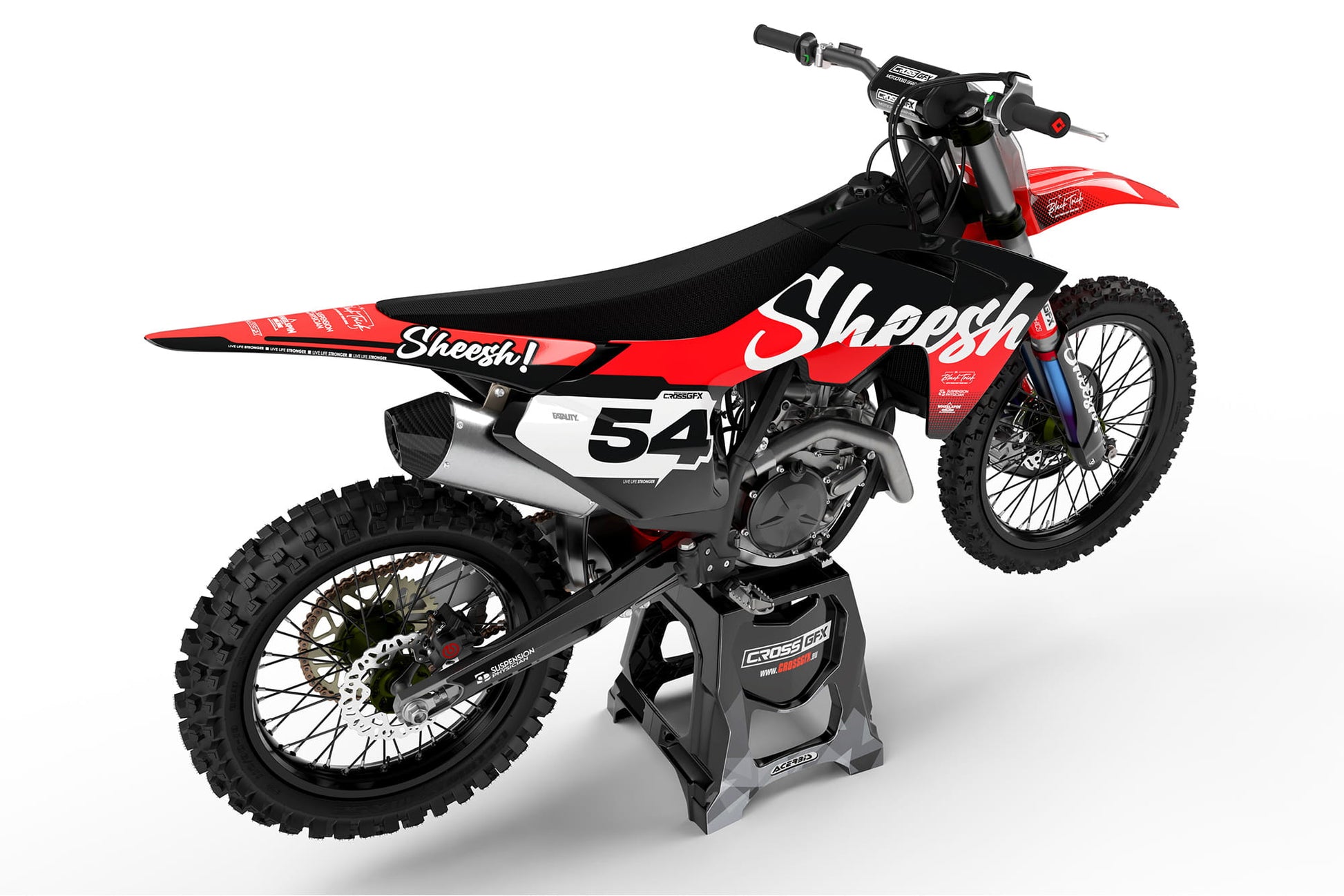 Rear view of the Sheesh Black racing graphics kit on a GasGas motorcycle.
