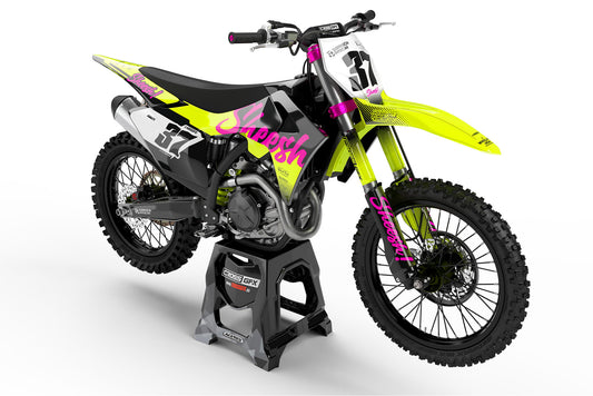 Front view of the Sheesh Fluorescent motocross graphics kit on a GasGas dirt bike.