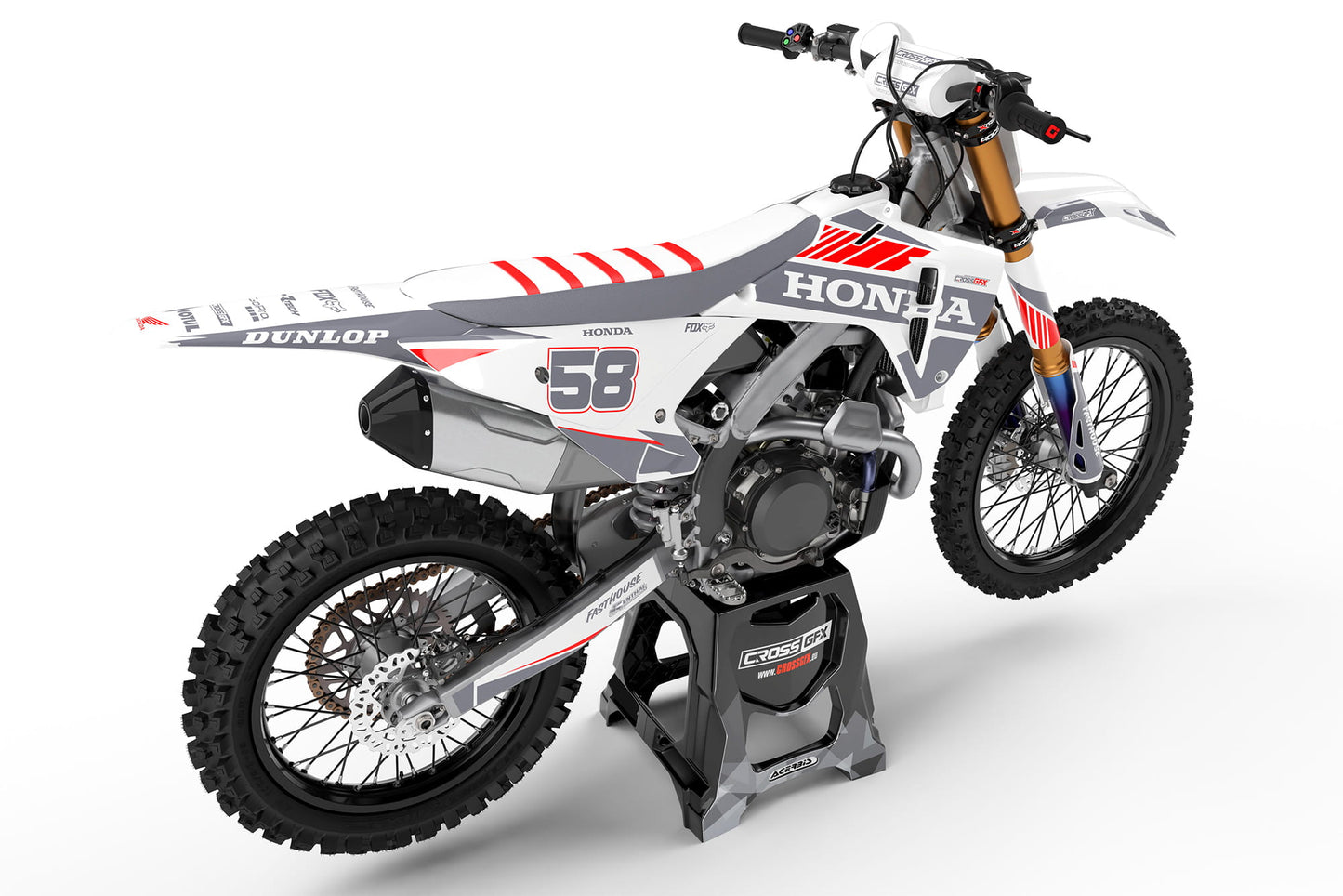 Rear view of the Blitz White decal kit on a Honda dirt bike.