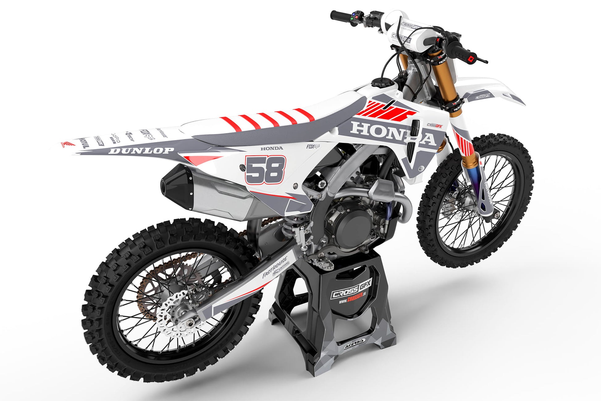 Rear view of the Blitz White decal kit on a Honda dirt bike.