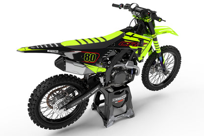 Rear view of the Crisp Fluorescent custom graphics kit on a Honda dirt bike.