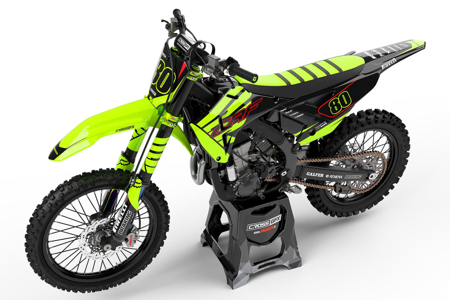 Perspective view of the Crisp Fluorescent racing graphics kit on a Honda dirt bike.
