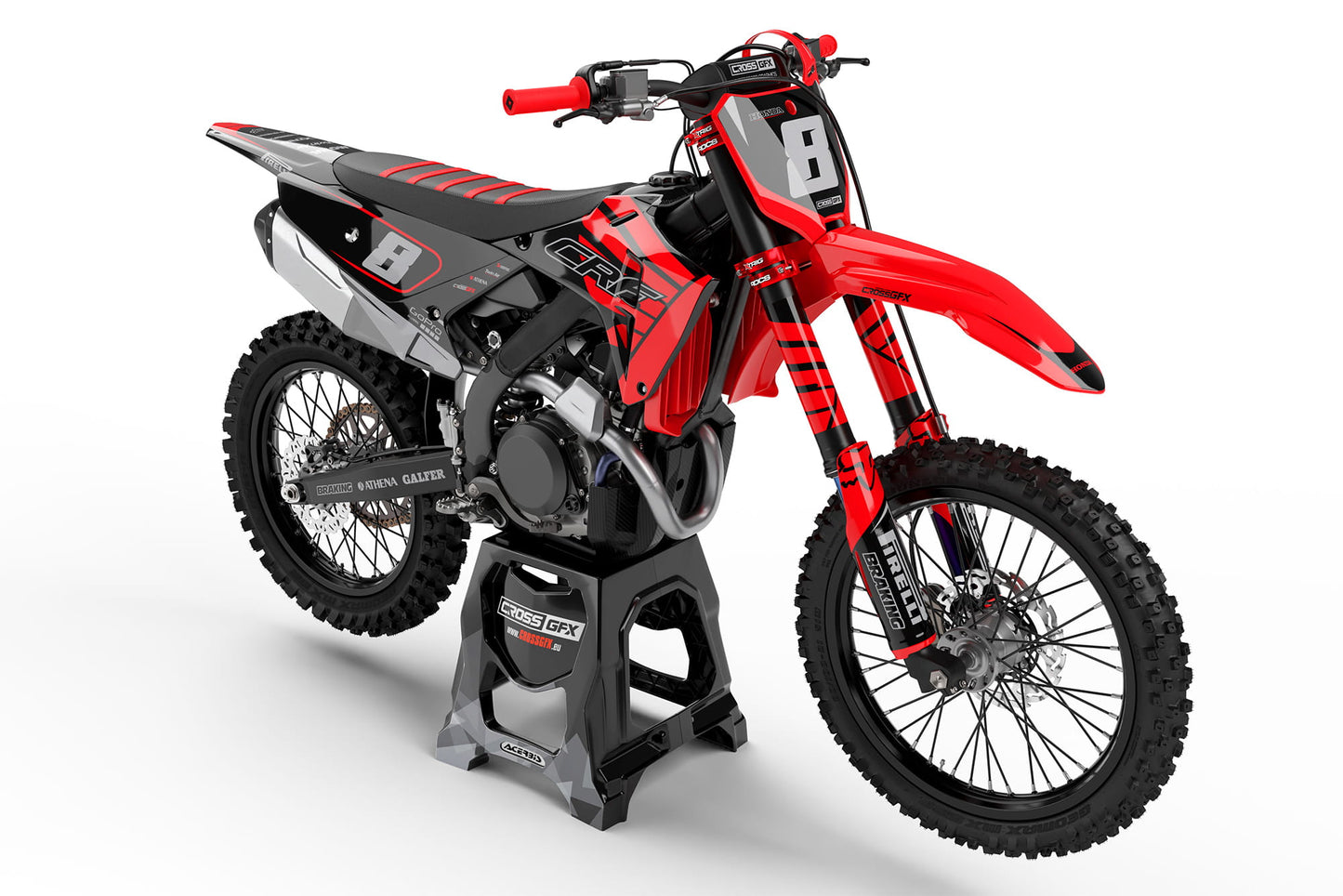 Front view of the Crisp Red graphics kit on a Honda motocross bike.