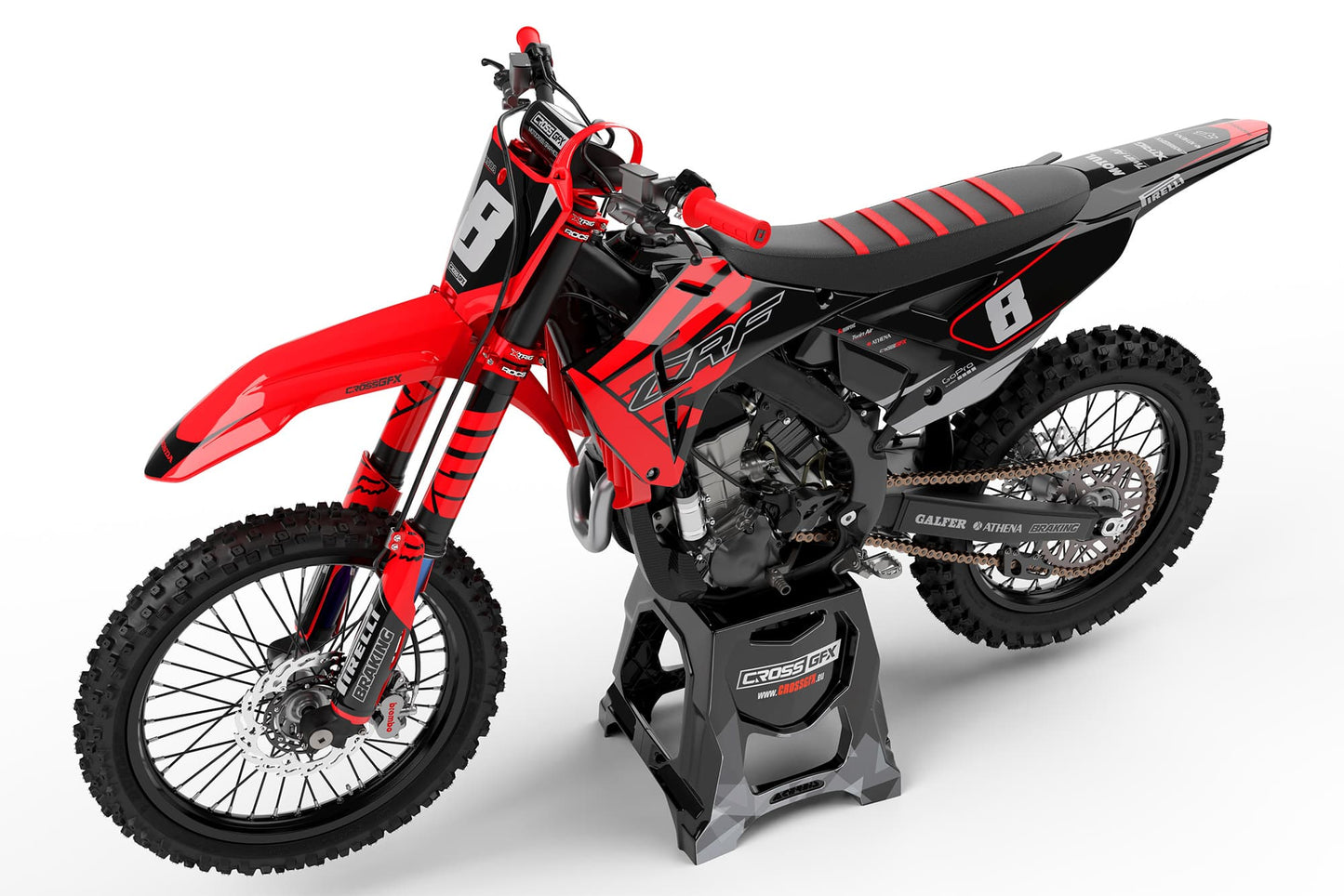Perspective view of the Crisp Red off-road graphics kit on a Honda dirt bike.