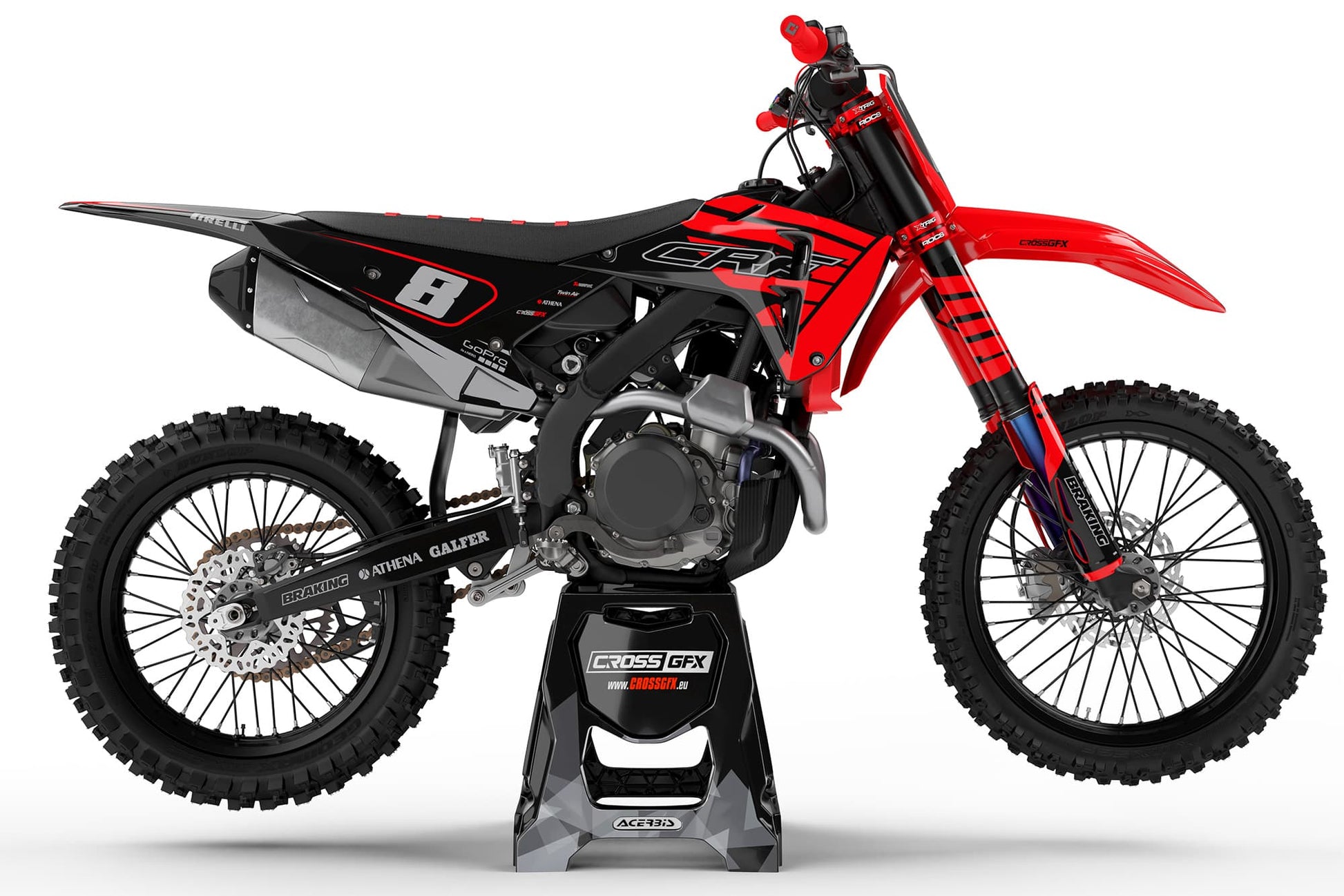 Right side view of the Crisp Red racing graphics kit on a Honda dirt bike.