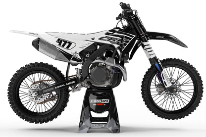 Side view of the Crisp White decal kit on a Honda dirt bike.