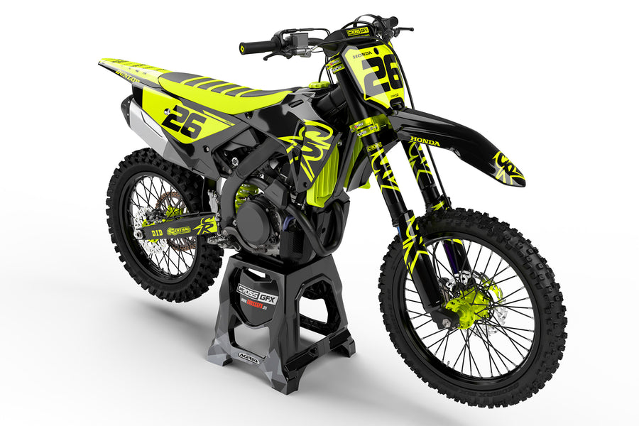 Front view of the Retro 94 Fluorescent graphics kit on a Honda motocross bike.