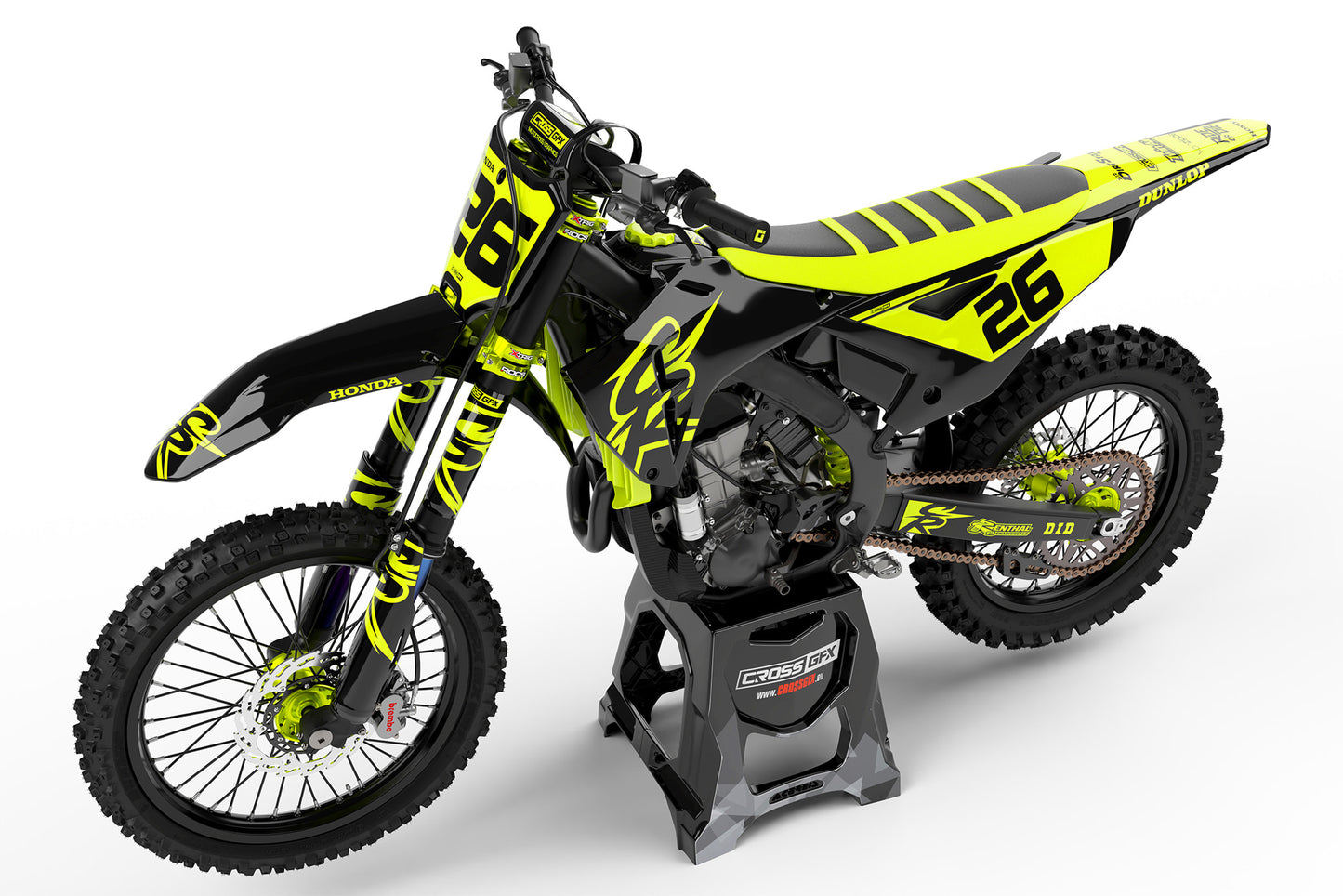 Side view of the Retro 94 Fluorescent graphics kit on a Honda off-road motorcycle.
