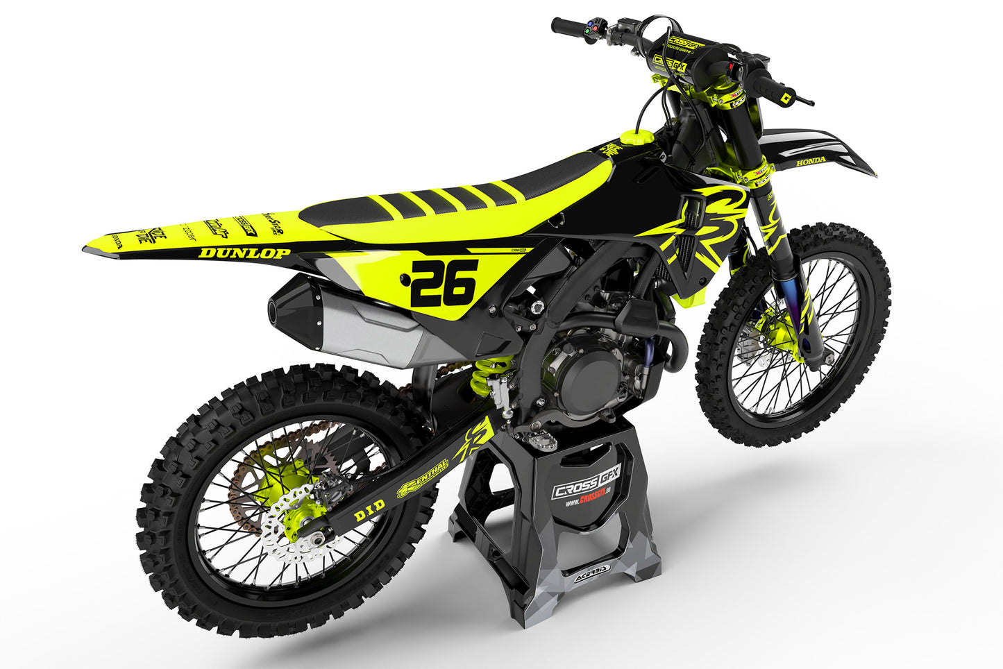 Rear view of the Retro 94 Fluorescent graphics kit on a Honda racing bike.