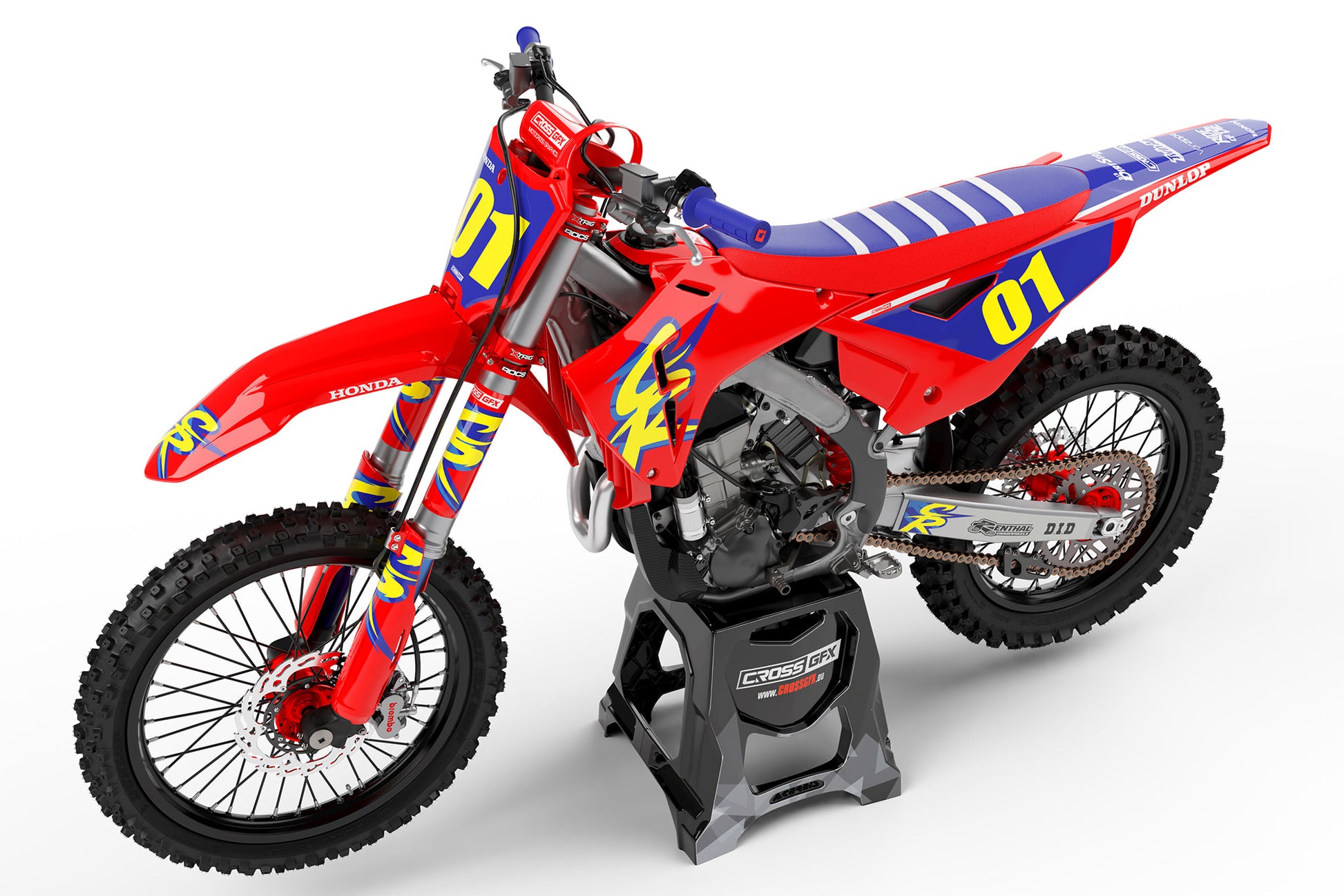 Side view of the Retro 94 Red motocross graphics kit on a Honda racing bike.
