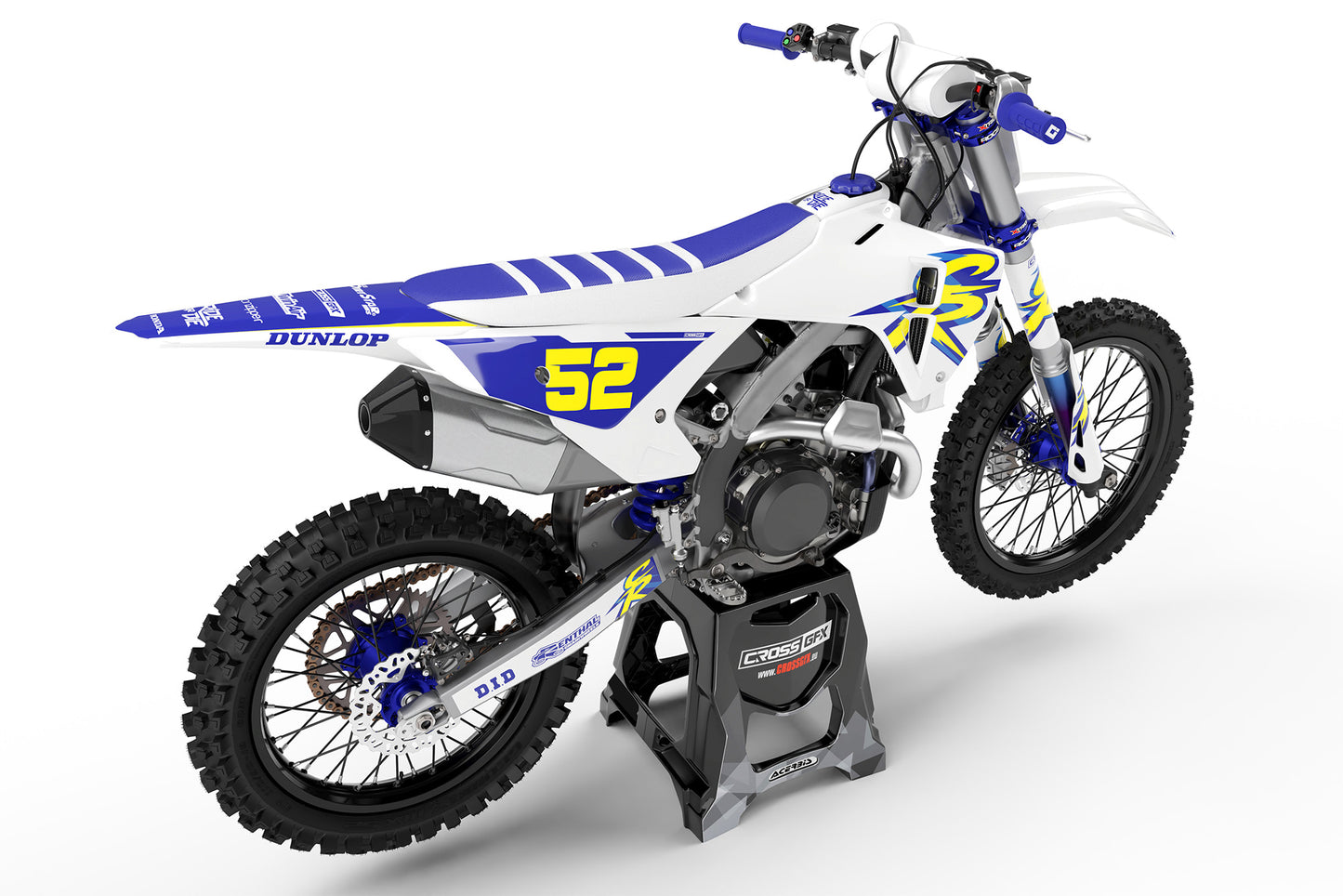 Rear view of the Retro 94 White motocross graphics kit on a Honda racing bike.
