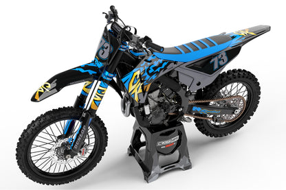 Left side view of the Retro 97 Blue custom decal kit on a Honda dirt bike.