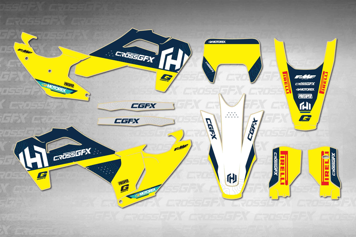 Husqvarna FE 2026 Horizon Yellow graphics kit - flat layout showing all decal pieces included