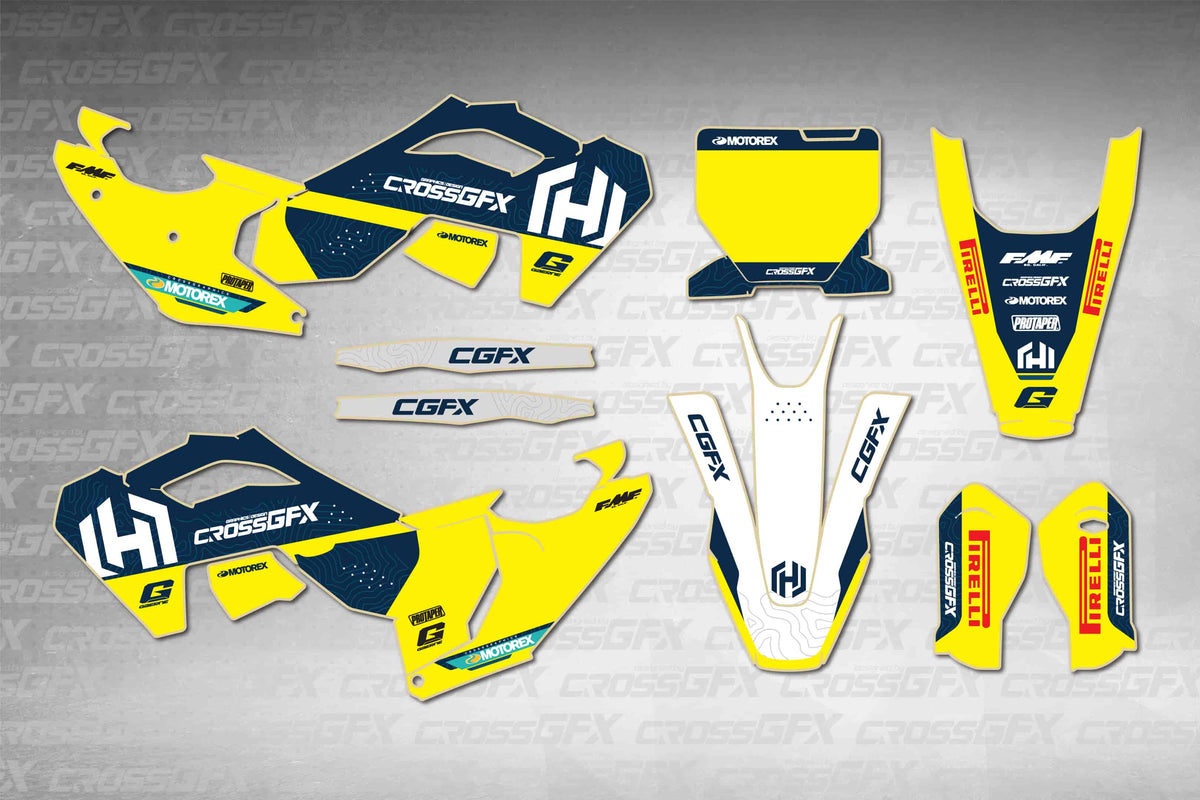 Husqvarna FS 450 2023-2024 Horizon Yellow graphics kit - flat layout showing all decal pieces included