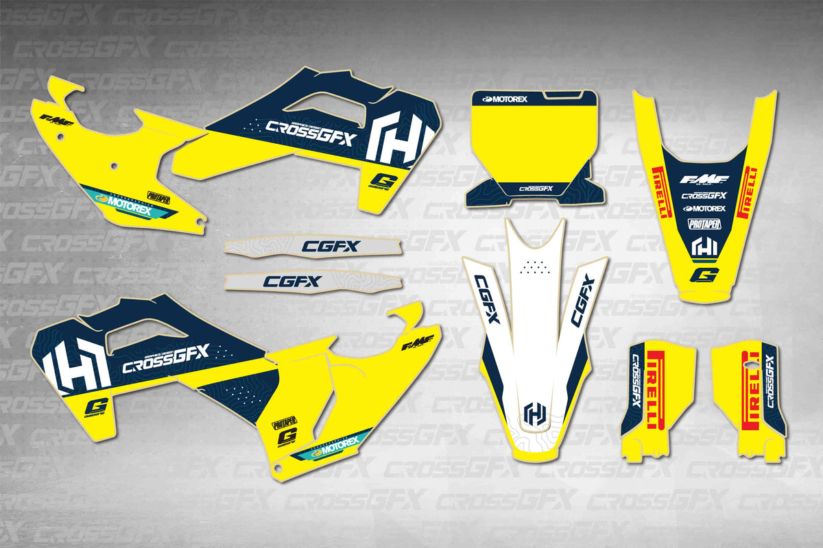 Husqvarna FX 2025-2026 Horizon Yellow graphics kit - flat layout showing all decal pieces included