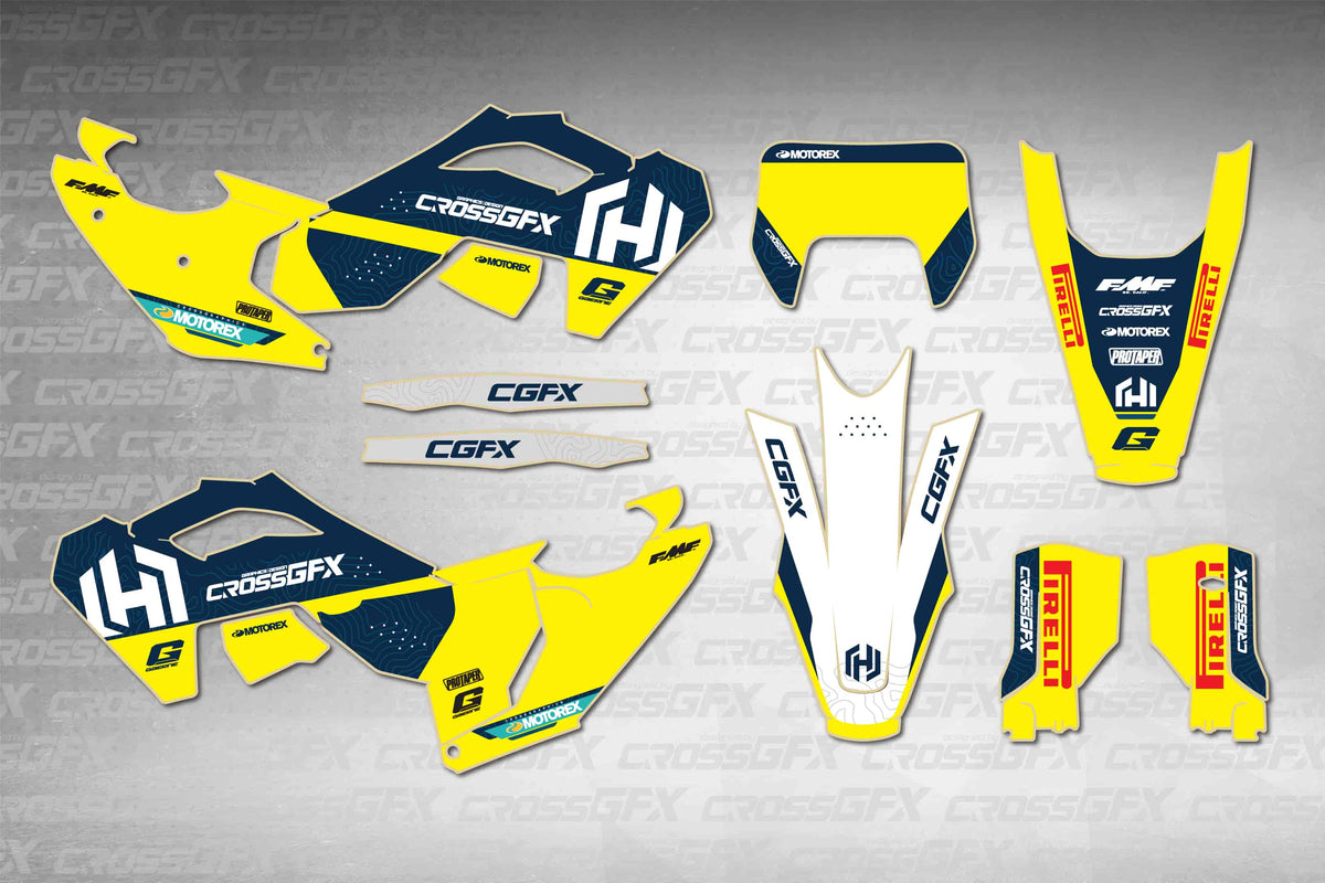 Husqvarna TE 2024-2025 Horizon Yellow graphics kit - flat layout showing all decal pieces included