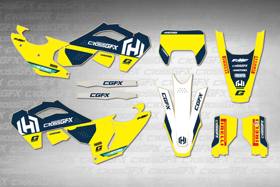 Husqvarna TE 2024-2025 Horizon Yellow graphics kit - flat layout showing all decal pieces included